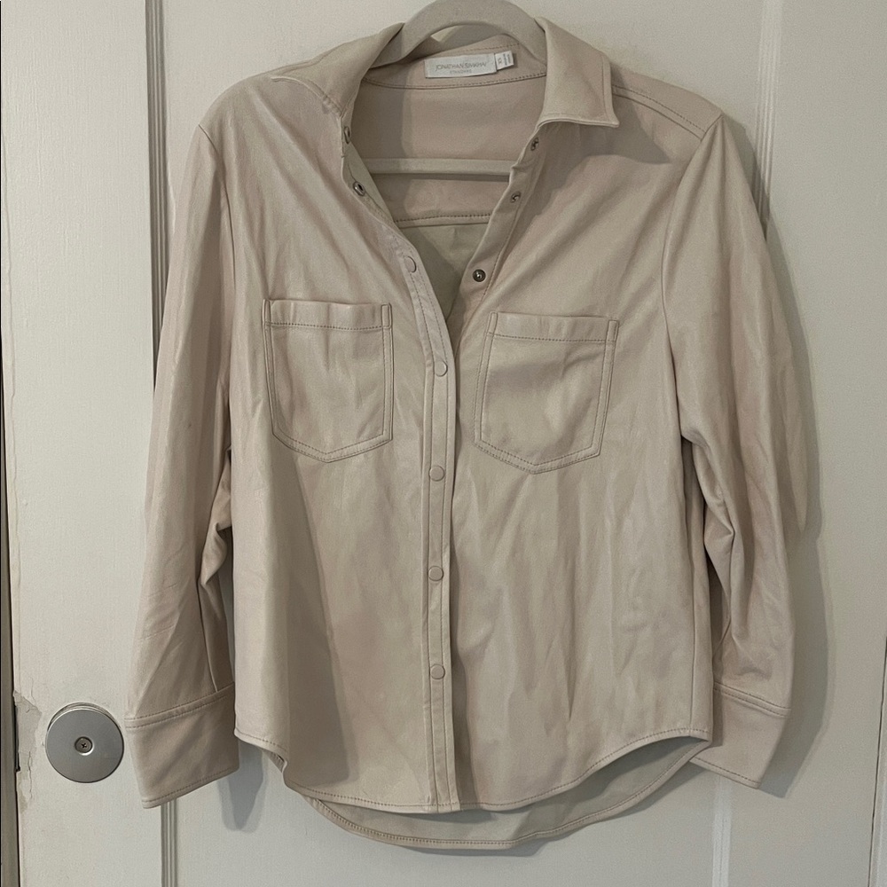 Jonathan Simkhai Off-White Tan Faux Leather Shirt Jacket Button Front Pocket